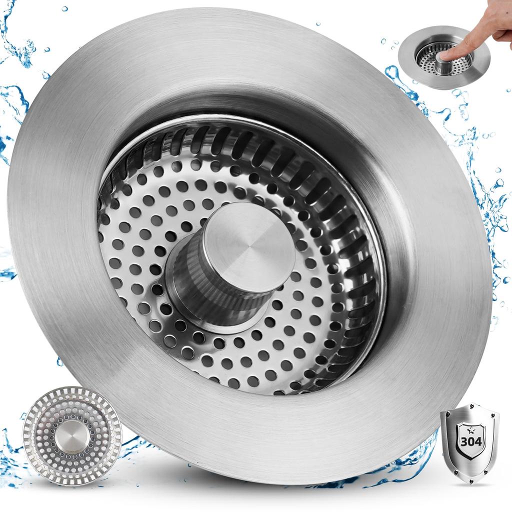 All Metal Kitchen Sink Strainer Stopper Combo - Stainless 3-in-1 Pop Up Sink Drain Strainer for Standard 3-1/2 Inch Drain Filter