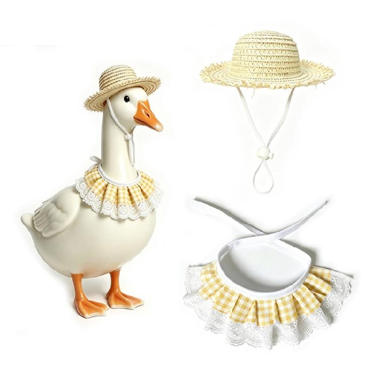 Entryway Geese Display Outfit Set With Matched Hat and Patterned Collar for Country Porch Styling and Shelf Accent