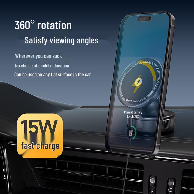 

15 Вт Быстрая Зарядка Магнитное Беспроводное Автомобильное Зарядное Устройство с Вакуумной Присоской и Вращением на 360° чёрный
