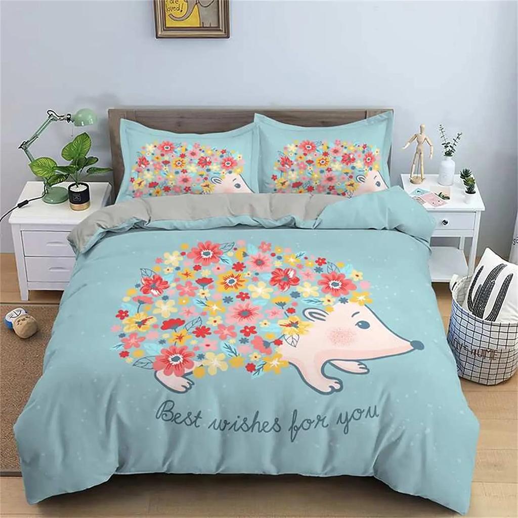 Comforter Cartoon Hedgehog Bedding Set Cute Hedgehog Flower Pattern Polyester Comforter Wildlife With Zipper