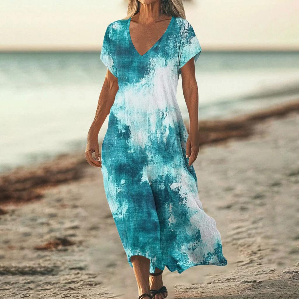 Mode Damen Sommer V-Ausschnitt Kurzarm Baumwolle und Leinen Vintage Blumendruck Strandkleid