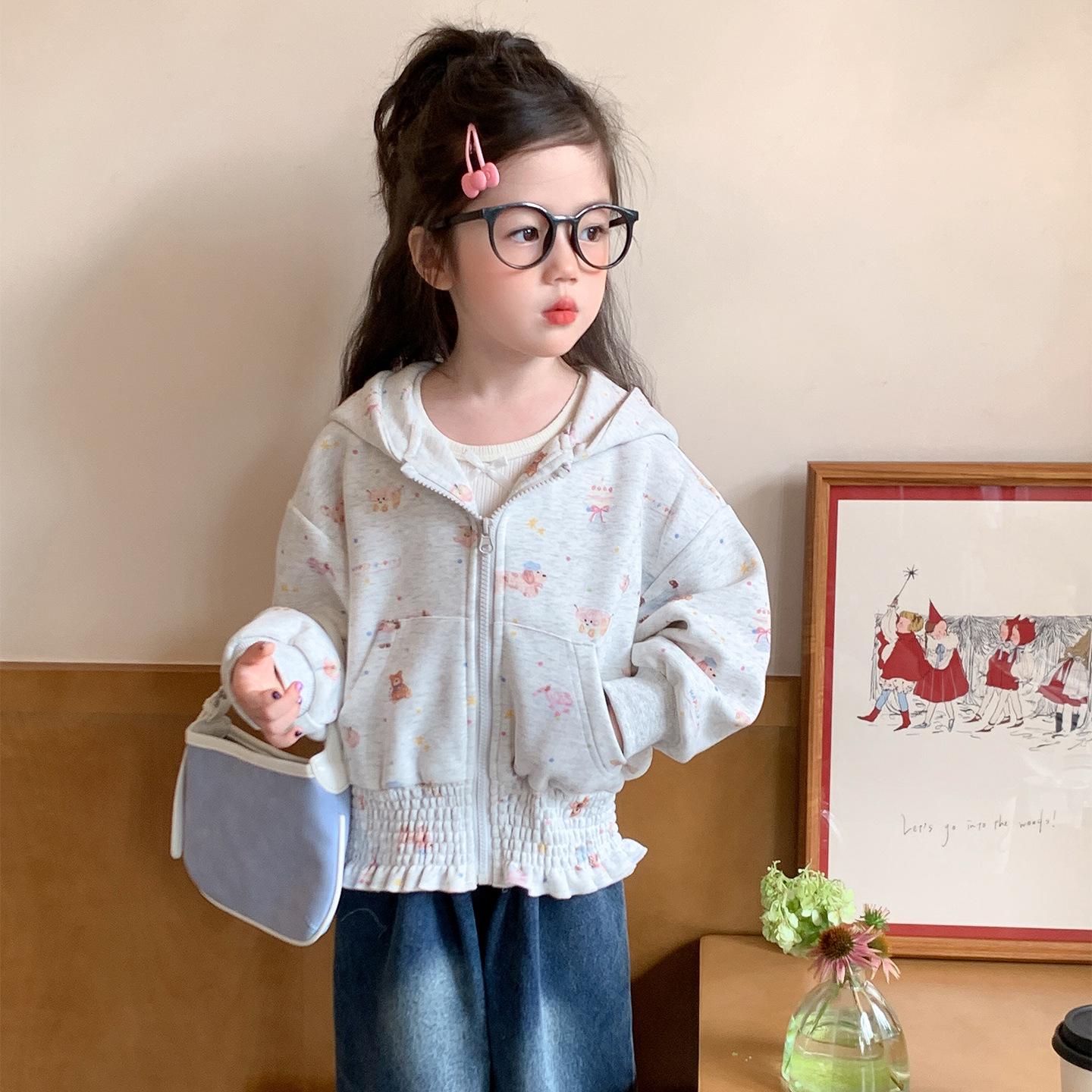 

2025 Girls Floral Hooded Cardigan - Spring/Autumn Sweatshirt for Kids 110 cm светло-серый