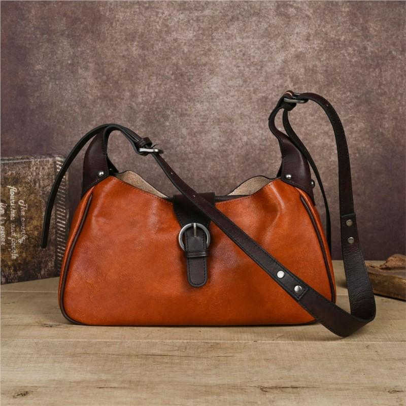 Johnature Genuine Leather Retro Women's Bag Solid Color Soft Cowhide Large Capacity Shoulder Crossbody Bag