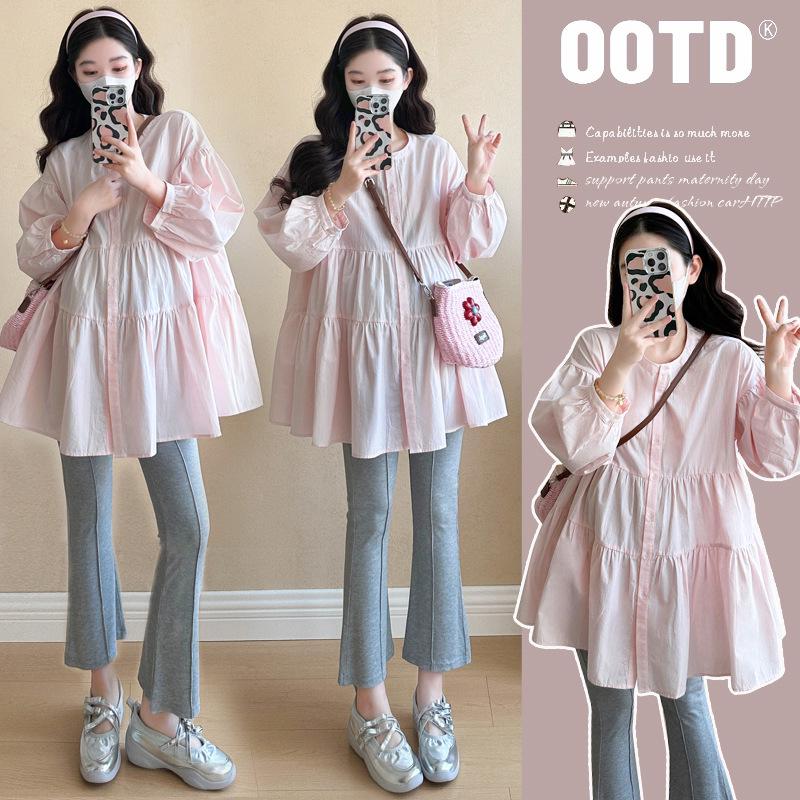 2026 Maternity Pink Pleated Round Neck Mid-Length Shirt for Women - Spring Collection 2XL