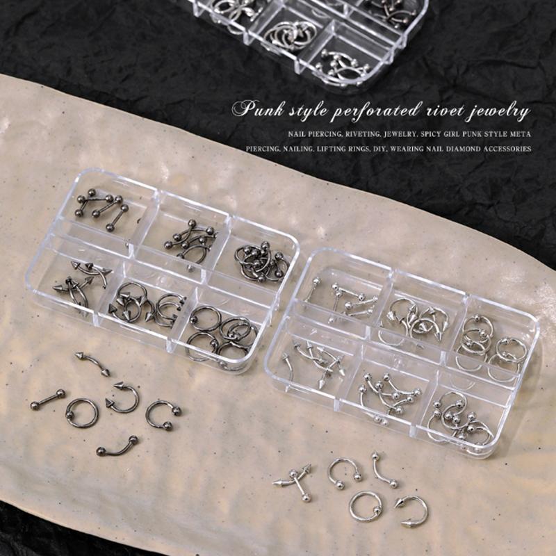 20/30/60Pcs Punk Metal 3D Nail Charms Fingertip Ring Studs Black/Silver Alloy Nail Art Decoration Manicure Supplies Accessories