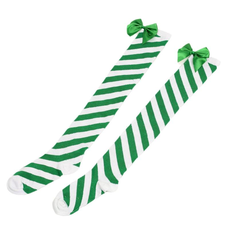 Striped Stockings For Women Over The Knee Long Socks Christmas Green Red Bowknot Long Socks Female Leg Stocking