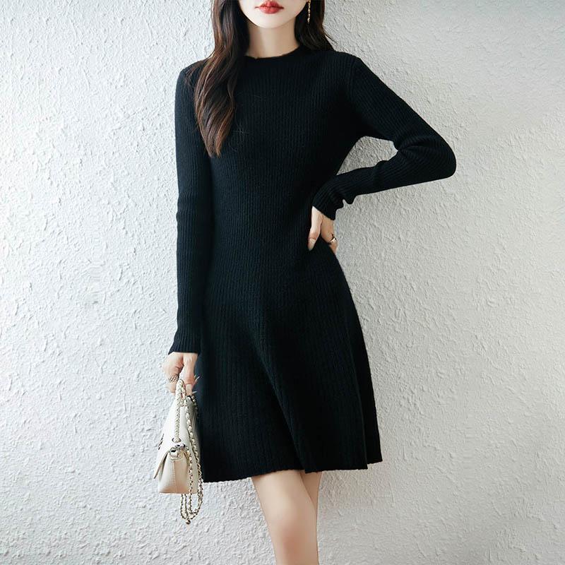 Women Sweater Dress 100% Wool TIDENOVEL O-neck Knit Long Pullover Winter Jumpers Wool Long Dress Female