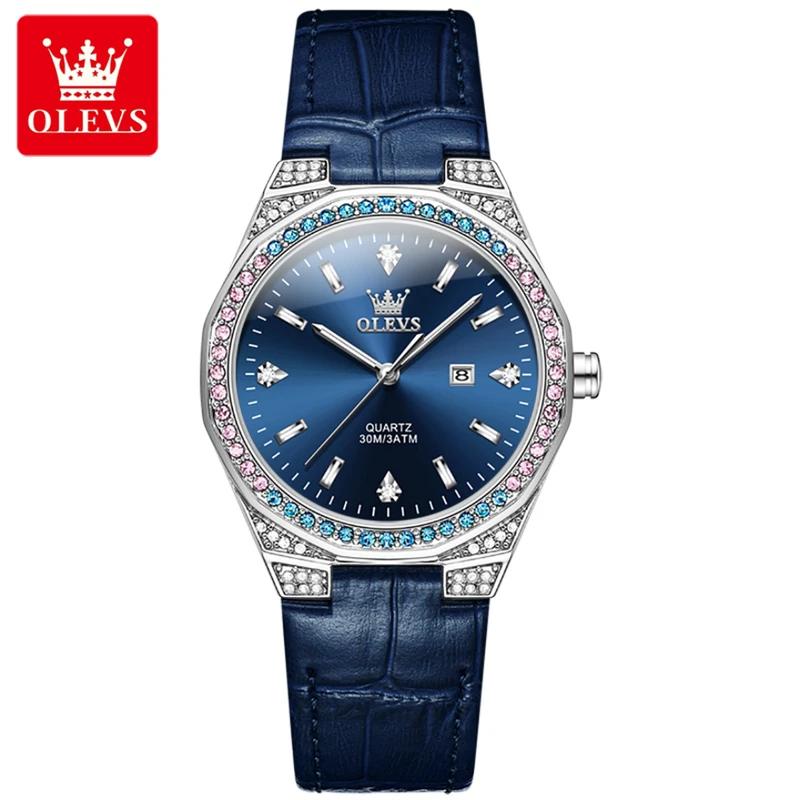 OLEVS Women's Watches Pink Watch Girl for Women Leather Strap Waterproof Full Diamond Bezel Elegant Ladies' Watches
