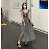 Summer New Hepburn Style Split Fork Small Design Off-the-shoulder Plaid Suspender Super Fairy Thin Long Dress