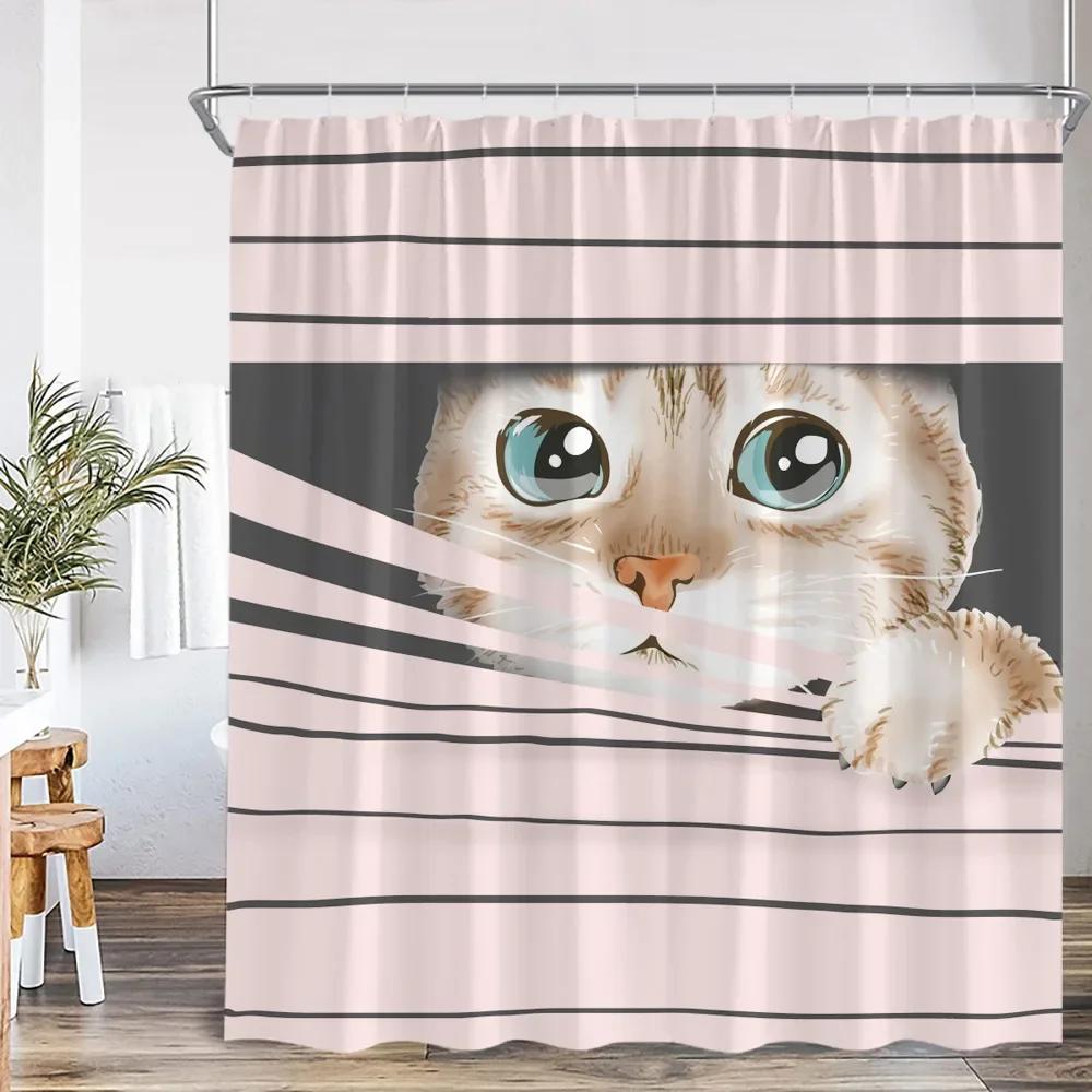 Funny Cat Shower Curtain Cat Riding Shark Dinosaur Flower Floral Polyester Bathtub Curtain Space Planet Bathroom Decor with Hook
