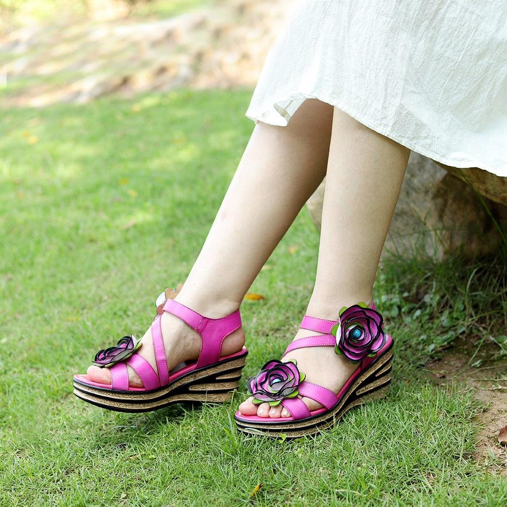 Johnature Vintage-Blumen-bequeme Sommer-Wedges-Sandalen aus echtem Leder, handgefertigt, ethnischer Stil, Damenschuhe
