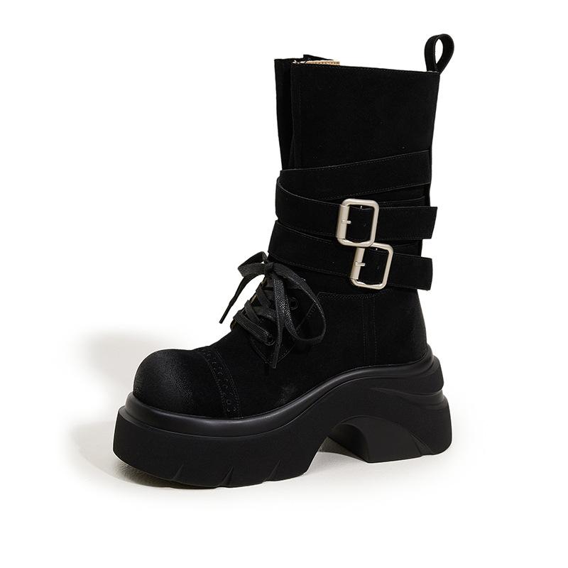 

Полусапожки на толстой подошве с внутренней платформой, увеличивающей рост, женские, новые осенне-зимние 2025 года, в стиле ретро, ковбойские сапоги в западном стиле, на толстом каблуке, универсальные сапоги-рыцари 39 чёрный