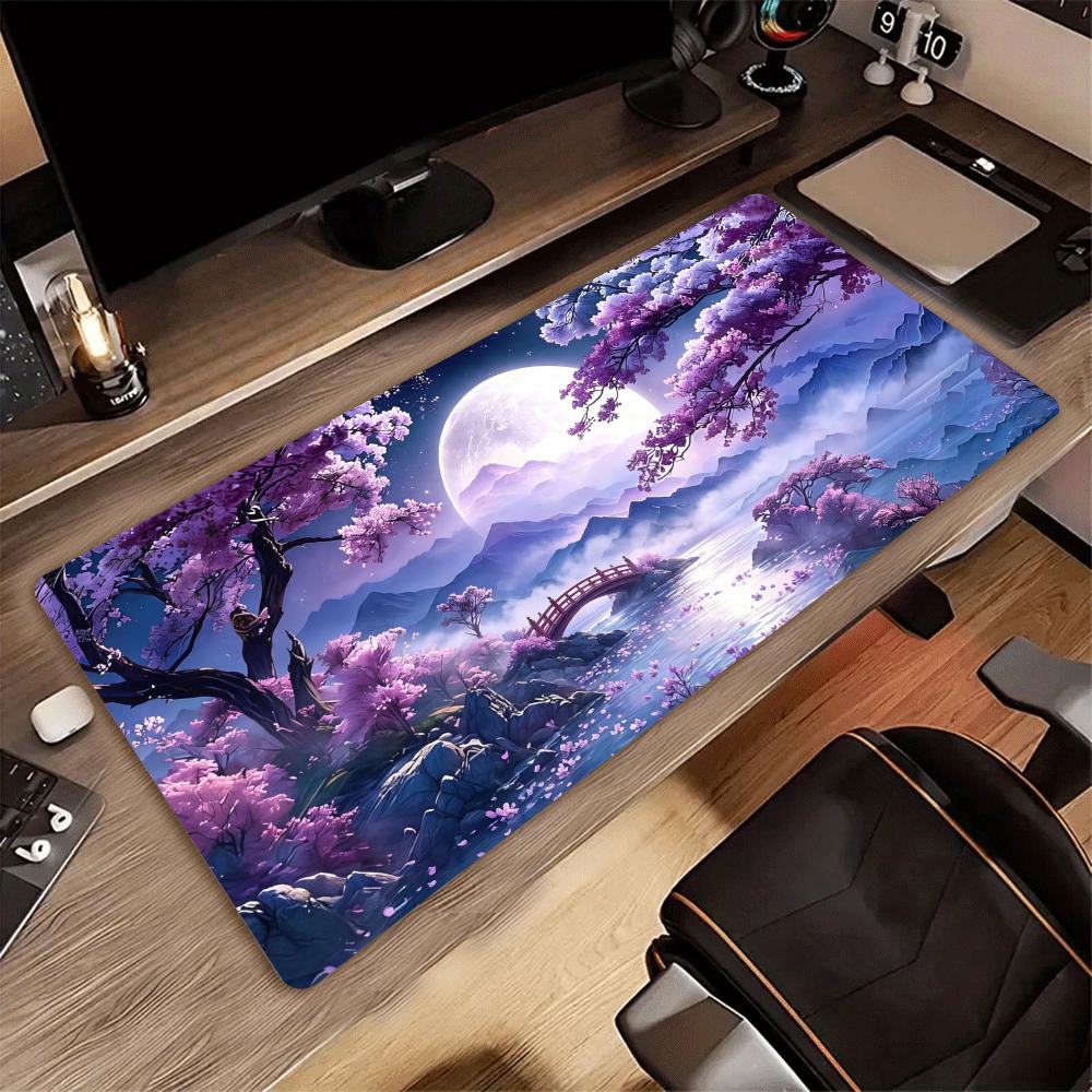 Tapis de Souris XXL Sakura Violet Pleine Lune Pagode Orientale Portail Torii Lac de Montagne Tapis de Jeu Antidérapant Pour Décoration de Bureau