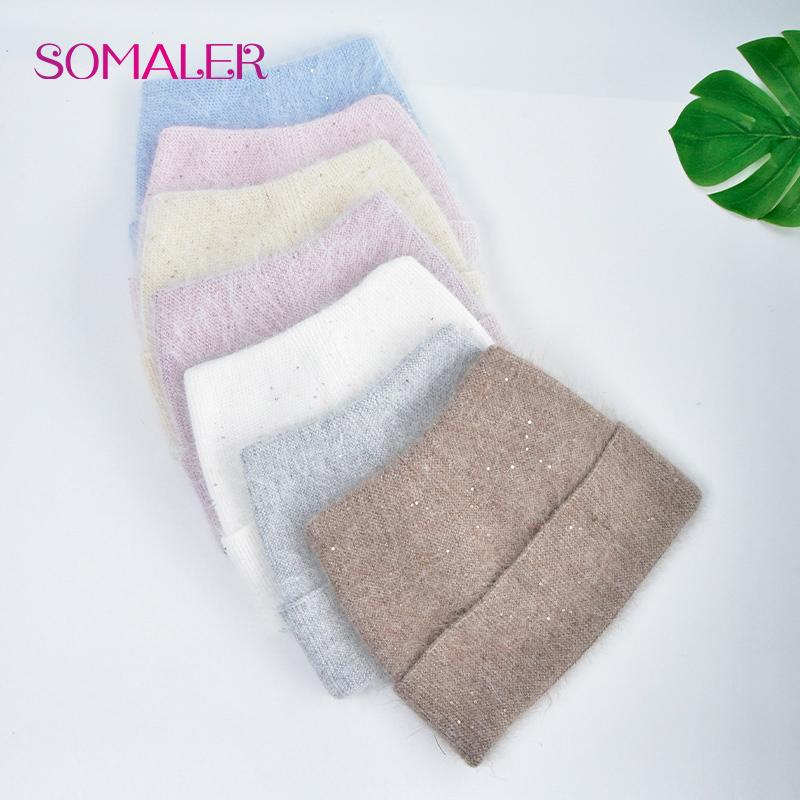 SOMALER Women's Autumn Winter Angora Knit Warm Hat with Brim and Sequin Decoration Cute Cat Design Beanie 54-58cm