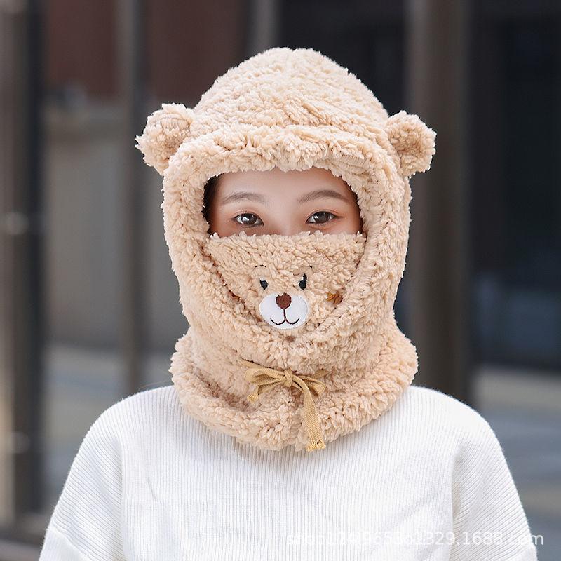New Autumn and Winter Bear Hat Scarf Hat Cycling Windproof Warm Ear Protection Lamb Wool Mask Scarf Integrated