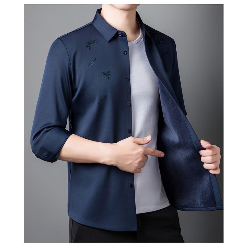 Herren dickes Samt-Hemd, Business nahtloses Hemd, knitterarm, bügelfrei, hohe Elastizität