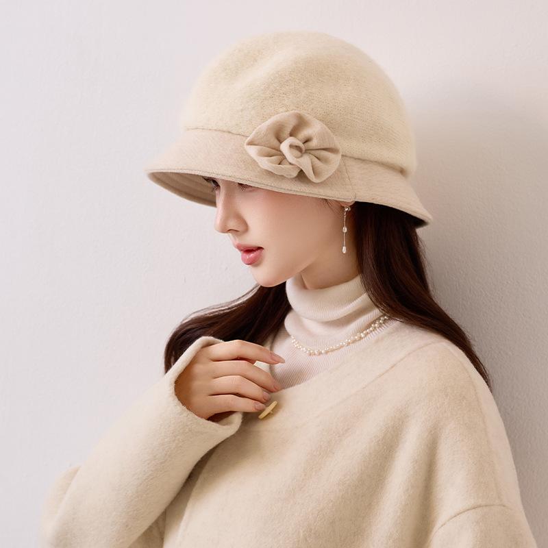Literary flower bucket hat autumn and winter retro simple pot hat temperament big head circumference show face small hat women's