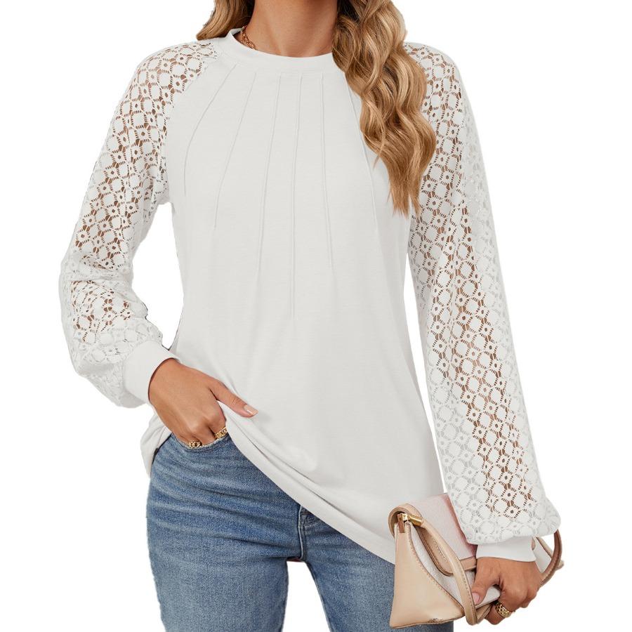 Autumn Winter Lace Patchwork Sleeves T Shirts Fashion Elegant Long Sleeves Top Women’s Round Neck Plus Size Loose T-shirt