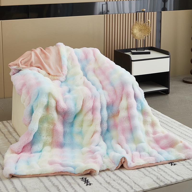 Solid Colour Three-dimensional Stripes Drawstring Rabbit Hair Cover Blanket Winter Soft Warm Double Layer Thickening Cover Blanket