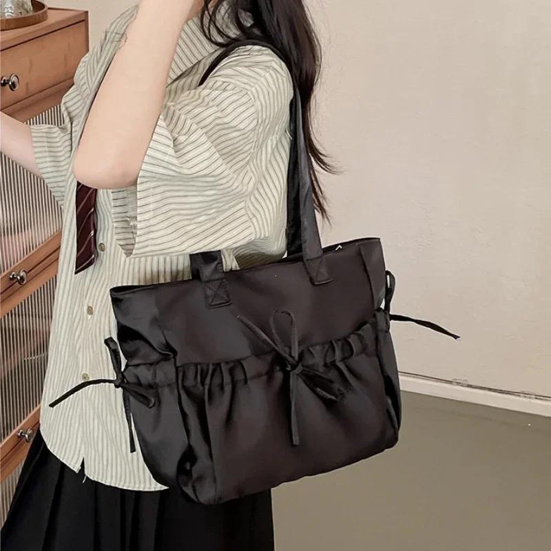 Elegant Bow Womens Shoulder Bag Nylon Pleated Korean Style Fashion Tote Bag Large Capacity Cute Pink Sweet Female Handbag