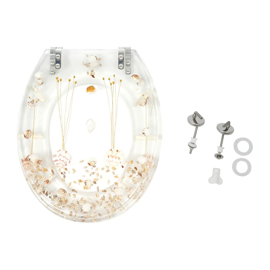 Toilet Seat Elongated Transparent Resin Toilet Seat Quiet And Slow Close Lid Easy Clean Home Shells Decor Silver Hinges
