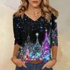 Women's Fashion Casual V Neck 3/4 Sleeve Loose  Printed T-Shirt Ladies Top