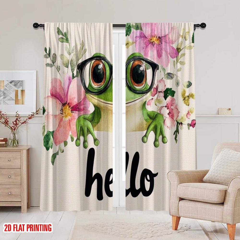 2pcs,2D plane printing Curtain Popular Frog Greetings Versatile Polyester Fabric (without rod) Holiday Use for Living Room,