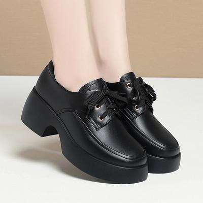 2025 Elegant Versatile Lace Up Comfortable Soft Leather Shoes Woman New Retro Thick Sole High Heel Casual Single Shoes
