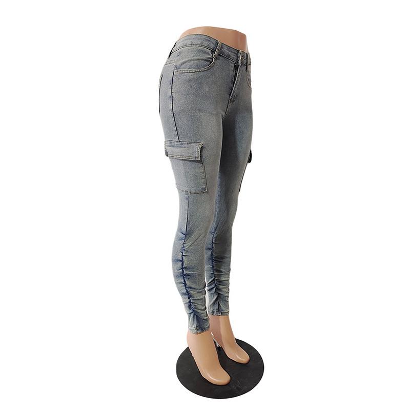 Mode Plissee Bleistiftjeans Mittelhoch Damen Seitentaschen Patchwork Denimhose Damen Slim Fit Pendlerhose Trend Streetwear