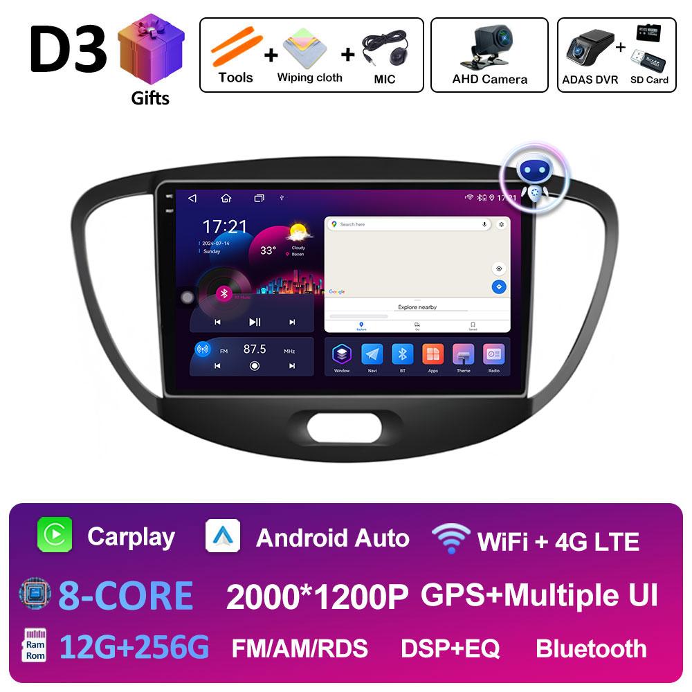 For Hyundai I10 2007 2008 2009 2010 - 2013 Android 14 Wireless Carplay GPS Navigation QLED IPS Screen Bluetooth WIFI Accessories