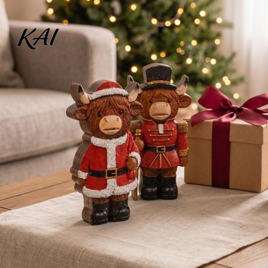 Rustic Farmhouse Christmas Accents 2 Pcs Highland Cow Table Sign, Wooden Santa/ Nutcracker Soldier Decorations Block 2D Flat Holiday Tabletop Ornament