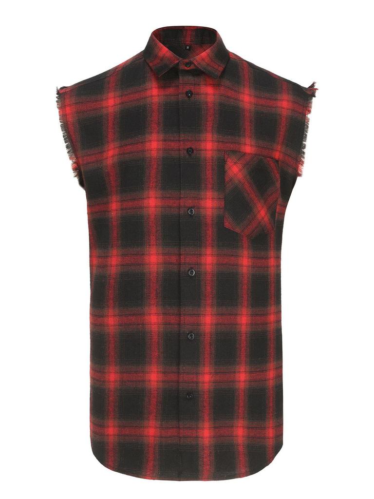 Cross-Border Men's Plaid Sleeveless Shirt with Tassel Design