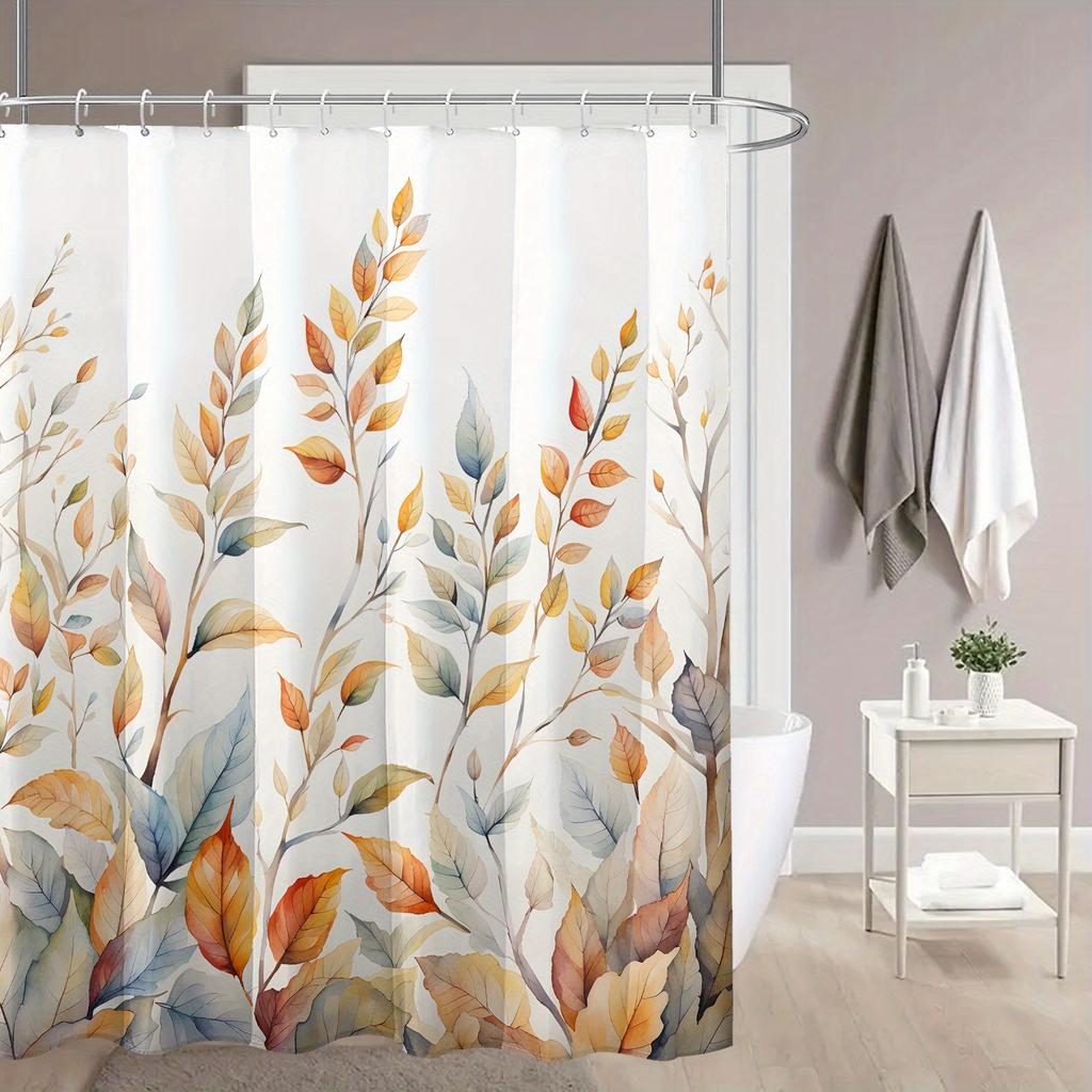 1 Autumn leaves print shower curtain, polyester fabric, with hooks, machine washable, unlined, cartoon pattern for bathroom
