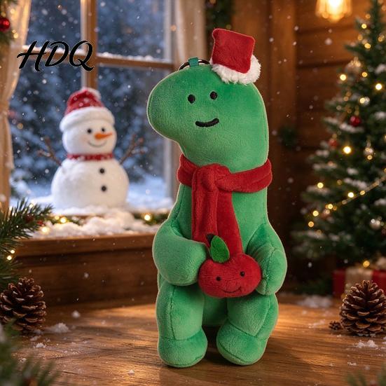 Green Red Plush Figurine Cute Christmas Dinosaur Doll Mini Stuffed Dino Toy with Santa Hat Decorative Accent for Windows & Scarf Soft Animal Holiday