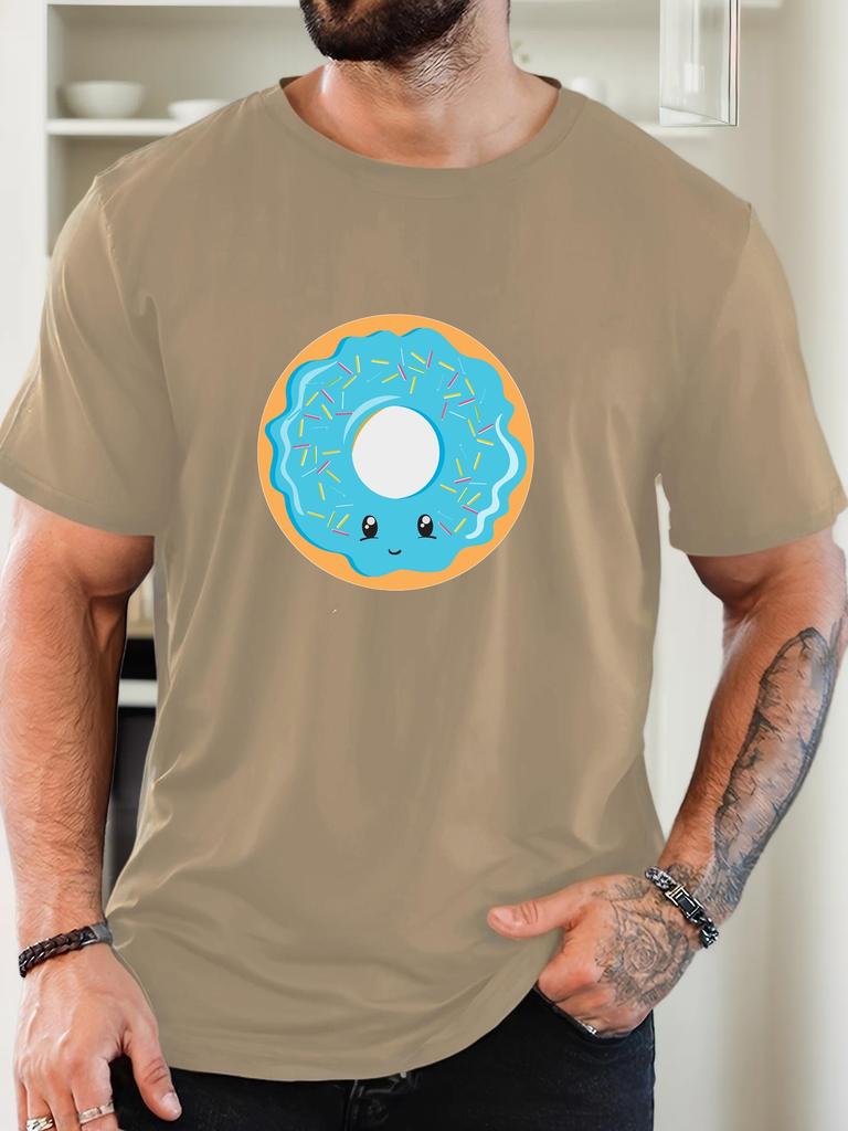 Unisex Yellow Crew Neck Tee Cute Blue Glaze Donut Cartoon With Color Sprinkles Sweet Dessert Soft Cotton Male Casual Short Tops