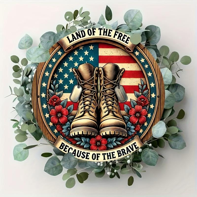 HD Tin Sign Land Of The Free Military Boots Round Metal Wall Art Patriotic US Flag Veteran Decor for Home