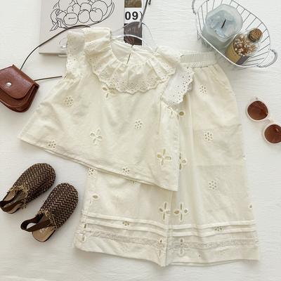 Summer Girls Lace Cami Top With Embroidered Flowers And Wide Leg Pants Set Stylish Two Piece Outfit For Kids