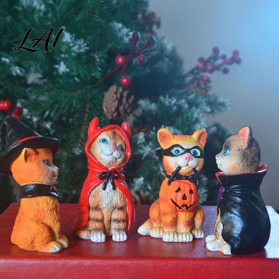 Little Red Riding Hood Cat Halloween Figurine Resin Miniature Statue Desktop Animal Ornaments Wizard Statue with Witch Hat/Cloak/Pumpkin Lamp Design