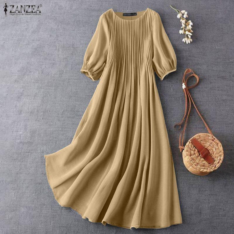 ZANZEA Women Casual Round Neck Summer 3/4 Sleeve Loose Dress