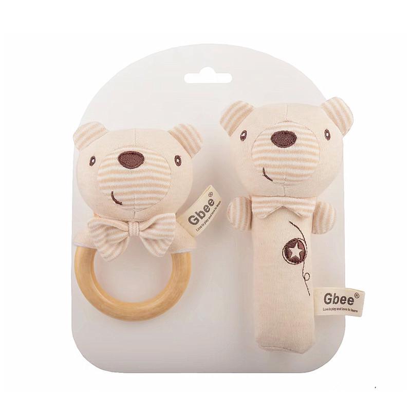 Organic Cotton Wooden Animal Ring Rattle & Baby Comfort Doll Gift Set