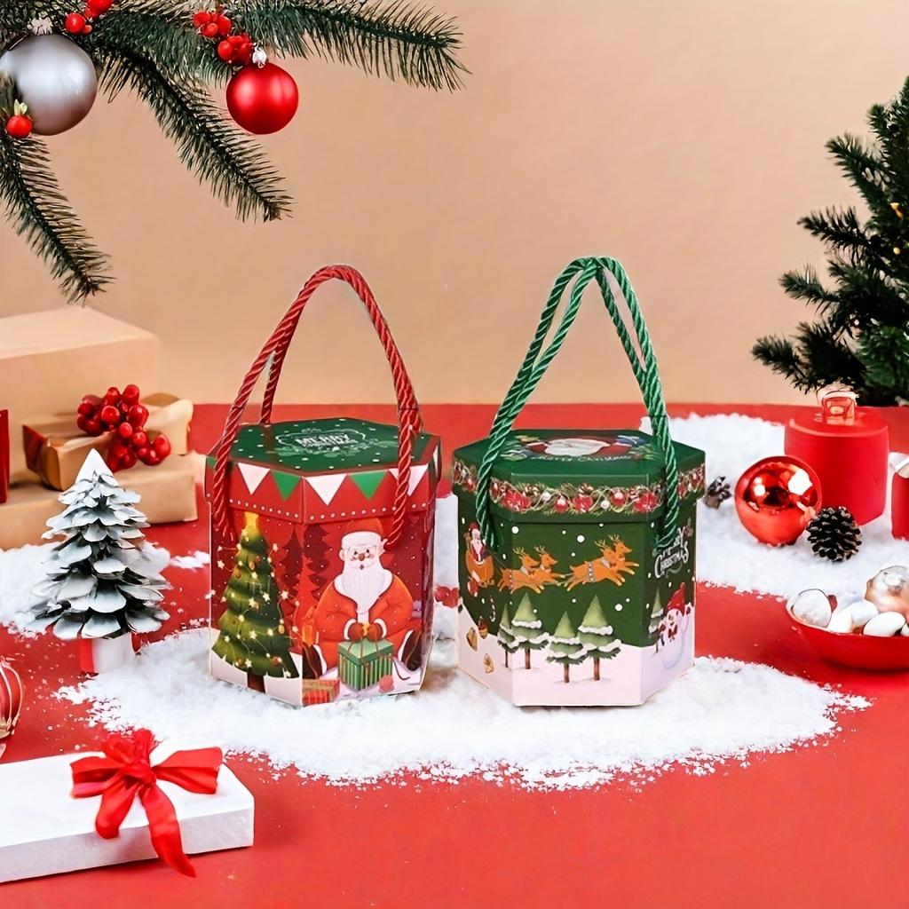 10 Stück Festliche Weihnachtsgeschenkboxen mit Tragekordel, Cartoon-Weihnachtsmann-Rentier-Designs, Charmante Papierverpackung mit Weihnachtsbaum-Thema