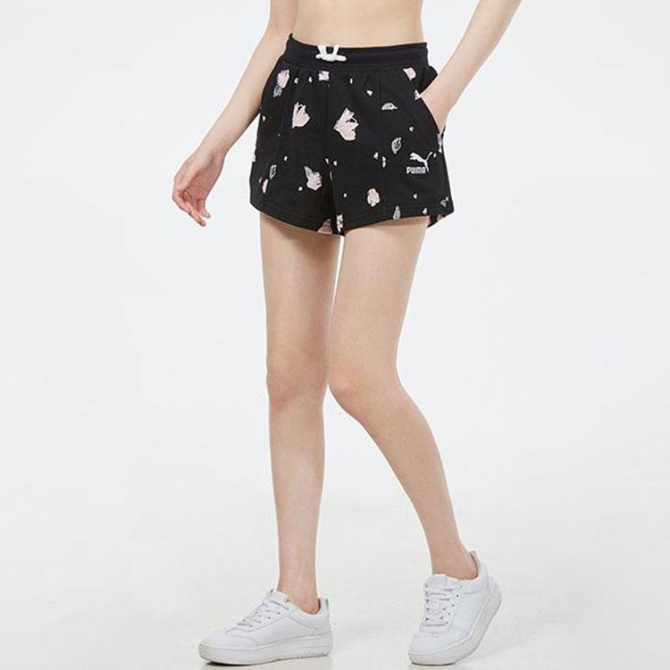 Puma Floral Embroidered Logo Drawstring Mid Waist Loose Print Shorts Women bottoms Black 532045-01
