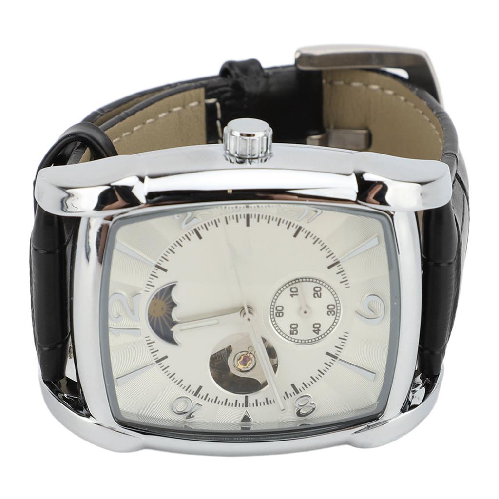 Skeleton Automatic Mechanical Wrist Watch for Men Moon Phase Self Winding Water Resistant PU Leather Strap Luxury