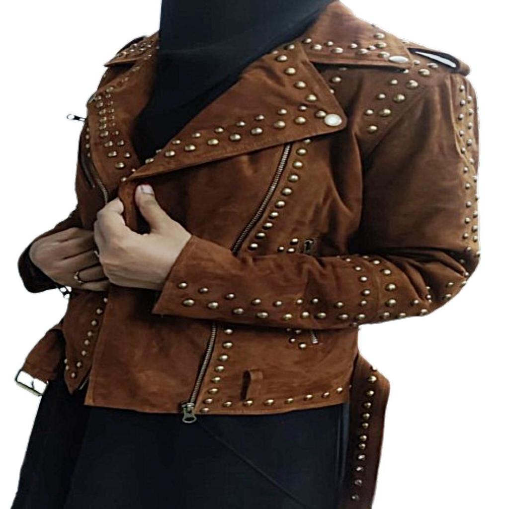 Women's American Style, Lambskin Brown Suede, Studded Jacket, With Zipper & Jacket,| Shoulder Strap, Gifts for her ,Cowgirl Jacket