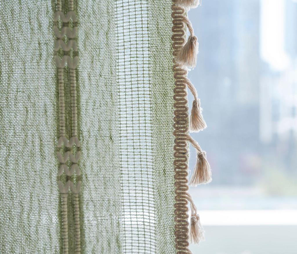 Imaqi Yun Green Striped Embroidered Semi-Blackout Curtains for Kitchen & Living Room
