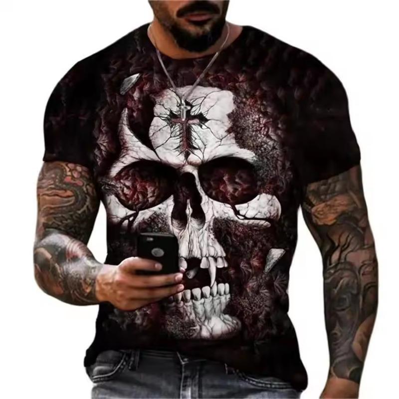 Men's Casual T-Shirt Skull Graphic Black Short Sleeve Crew Neck Tee Cool Streetwear Halloween Fashion Top