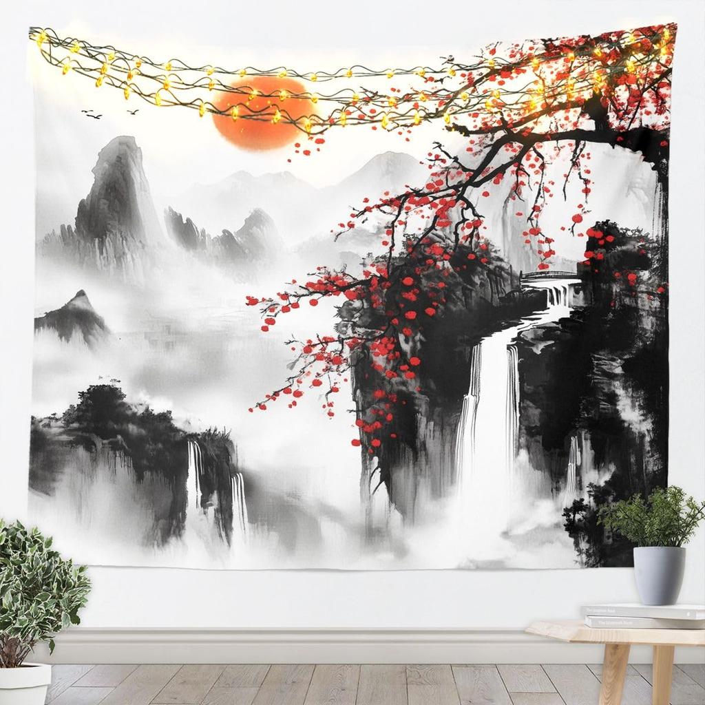 Cherry Blossom Tapestry Japanese Style Wall Art for Living Room Bedroom Chinese Ink Painting Wall Hanging Blanket Plum Blossom