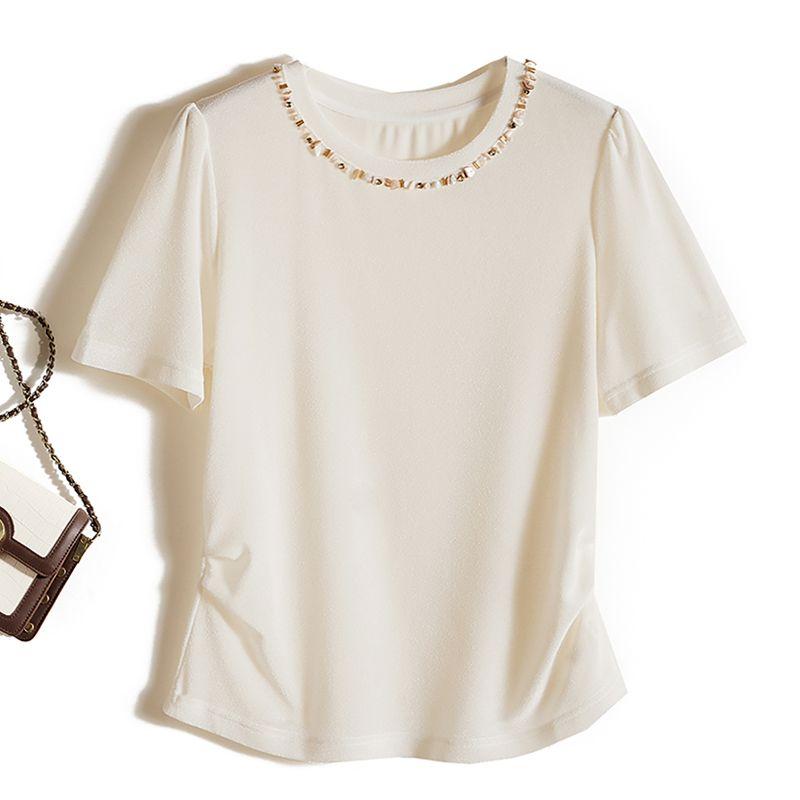 

Big Factory Order! Double-Sided Pleat round Neck Stretch Cotton Yarn Beads round Neck Solid Series Women 2025 Summer T-shirt Close Your Eyes White L