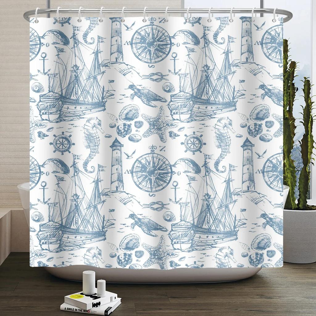 Nautical Coastal Shower Curtain Starfish Coral Seashell Beach Ocean Bathroom Curtain Underwater Marine Waterproof Bath Curtain