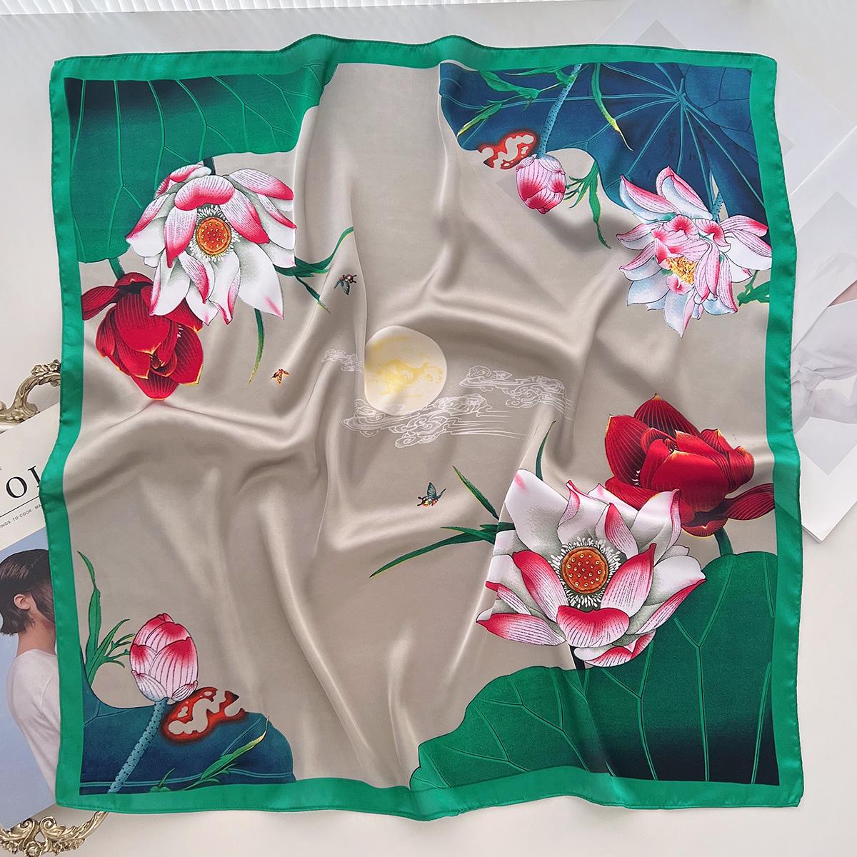 

Пасторальный лотос маленький квадратный платок, свежий и элегантный головной платок, летний платок из искусственного шелка 70 см, легкий и тонкий платок с характером 66cm
